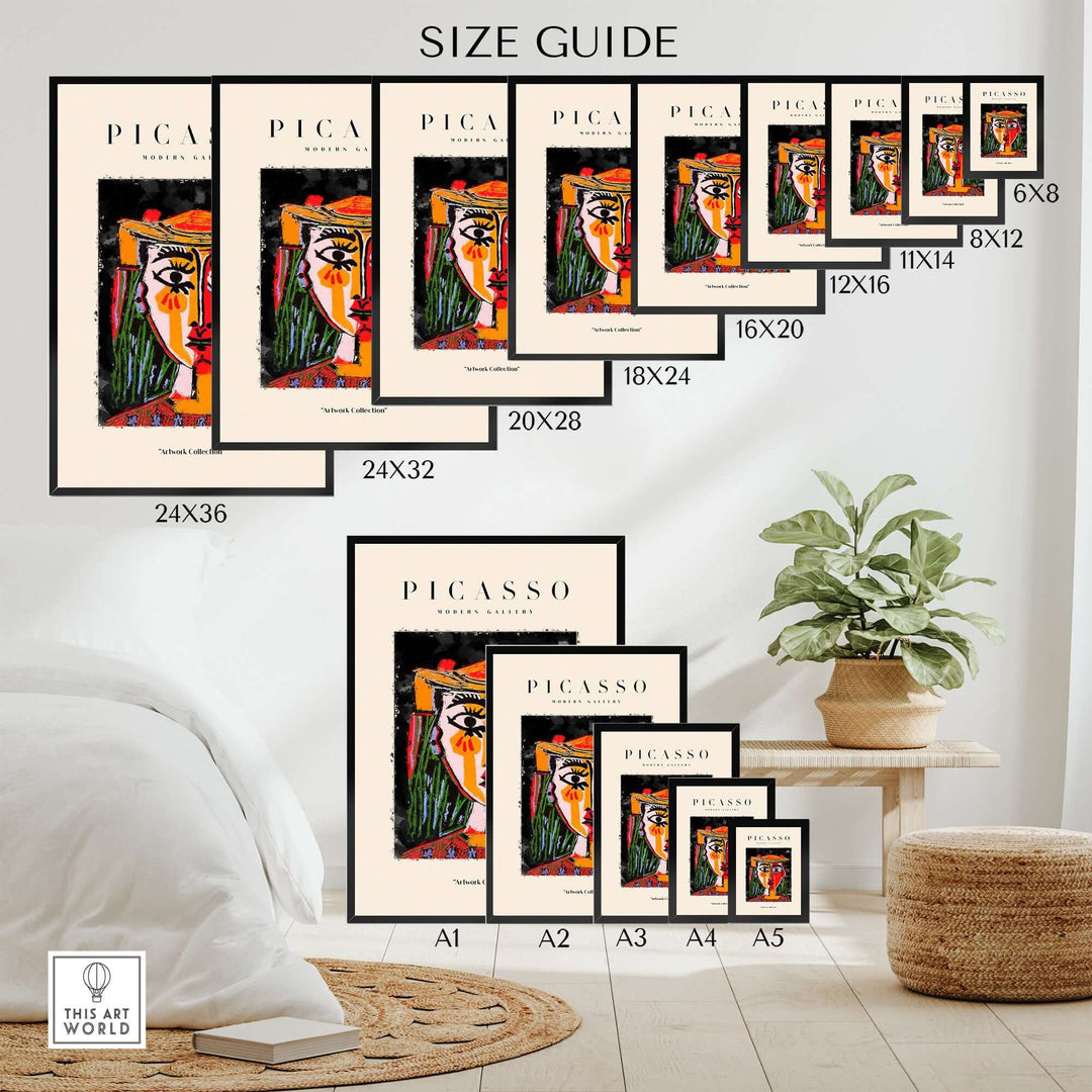 Size guide for Picasso Woman in Hat poster featuring various dimensions for wall art display.