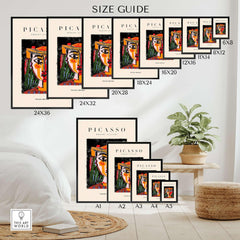 Picasso Woman in Hat Red Yellow Face Portrait Poster Colorful Abstract Artwork Print size guide display for various dimensions.