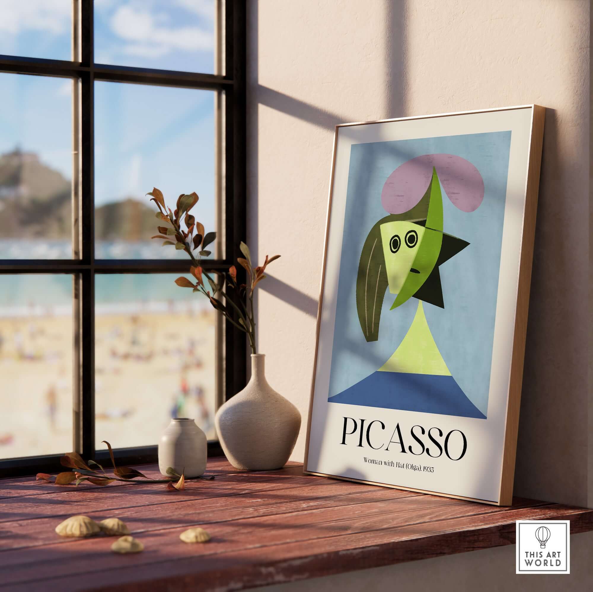 Picasso Woman Hat Olga 1935 Abstract Portrait Art Print Simple Shapes Poster Decor displayed on a table by a window.