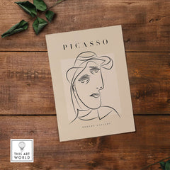 Picasso Woman Hat Profile Line Art Abstract Portrait Modern Gallery Wall Art Print on beige background
