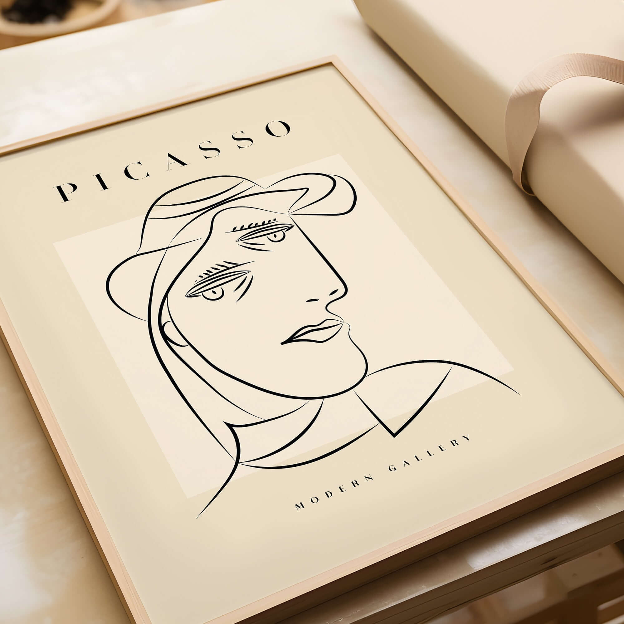 Picasso Woman Hat Profile Line Art Abstract Portrait Modern Gallery Wall Art Print displayed in a stylish frame.