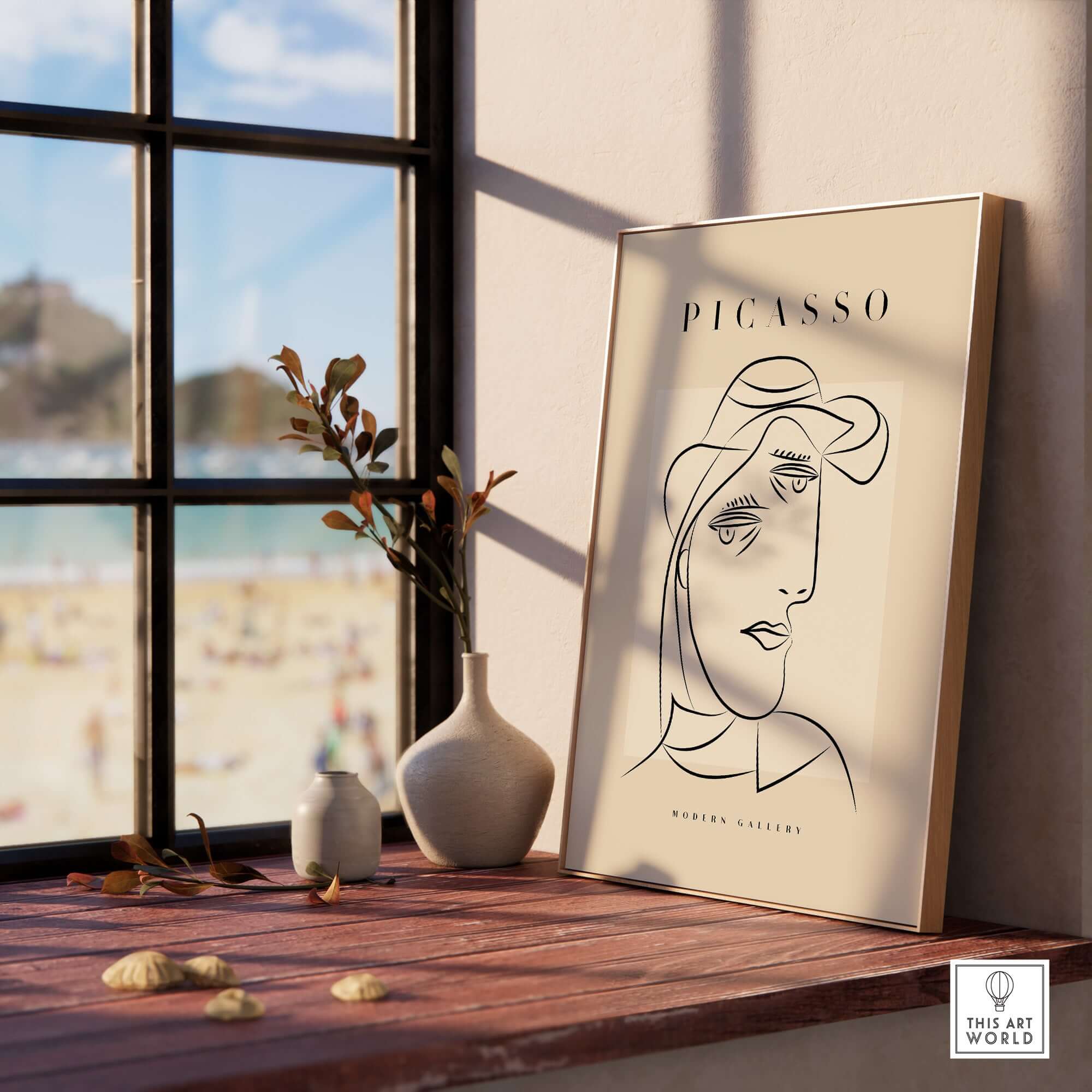 Picasso Woman Hat Profile Line Art Abstract Portrait Modern Gallery Wall Art Print displayed by a window with beach view.