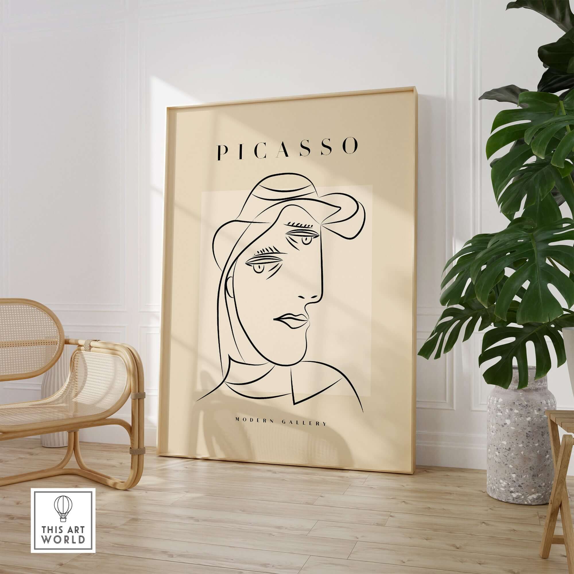 Picasso Woman Hat Profile Line Art Abstract Portrait Modern Gallery Wall Art Print in a stylish interior setting.