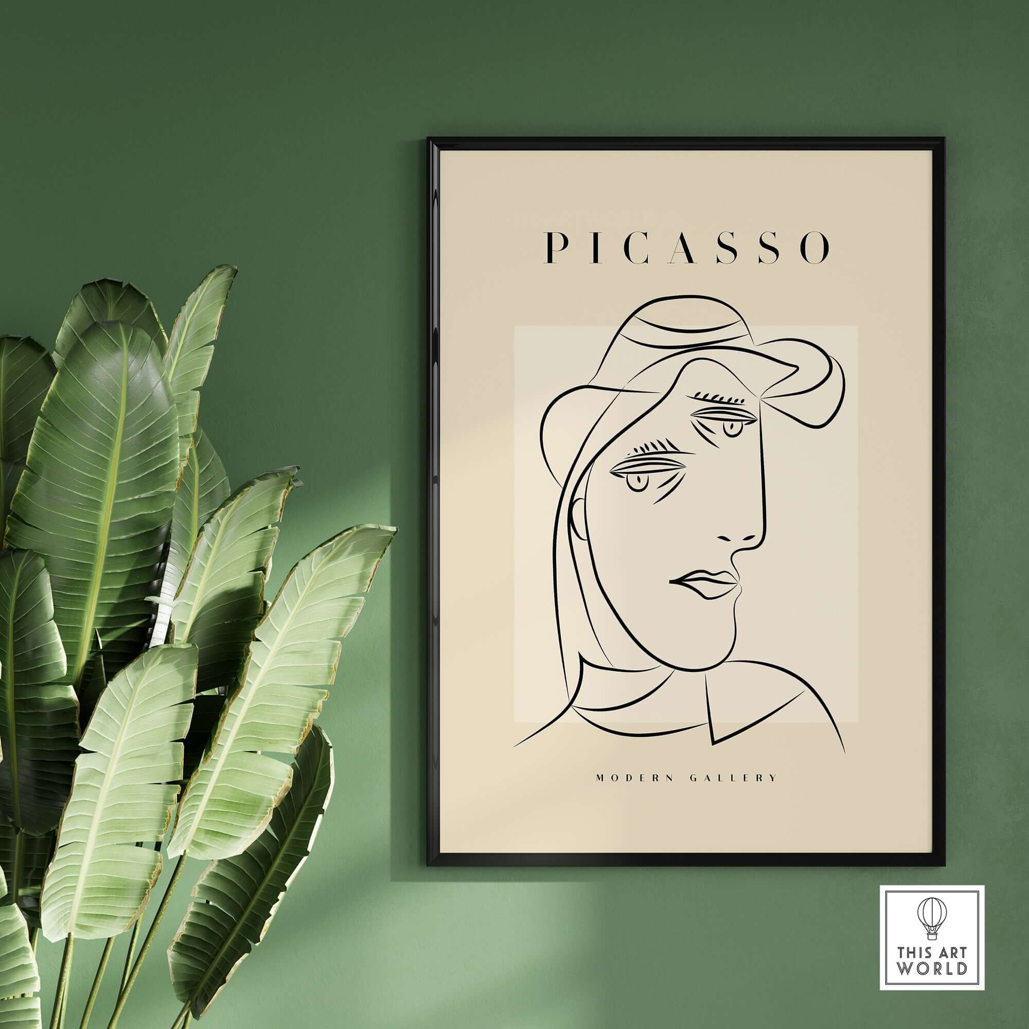 Picasso Woman Hat Profile Line Art Abstract Portrait Modern Gallery Wall Art Print in a stylish frame on a wall.