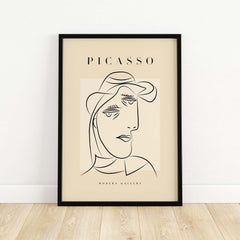 Picasso Woman Hat Profile Line Art Abstract Portrait Modern Gallery Wall Art Print on beige background