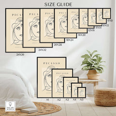 Picasso Woman Hat Profile Line Art Abstract Portrait Modern Gallery Wall Art Print size guide with various frame dimensions.