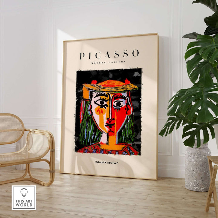 Colorful abstract art print of a woman in a hat by Picasso, featuring red and yellow face portrait in modern decor.