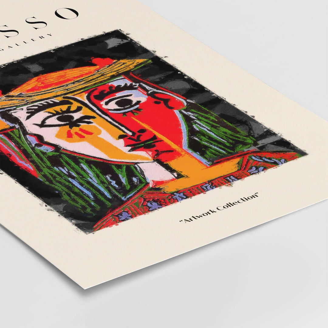 Colorful abstract portrait poster of a woman in a hat with red and yellow face sections, inspired by Picasso.