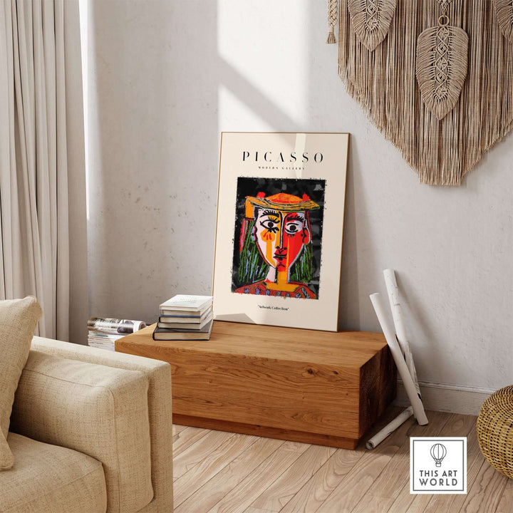 Colorful Picasso-inspired abstract portrait of a woman in hat, featuring red and yellow tones in a modern living space.