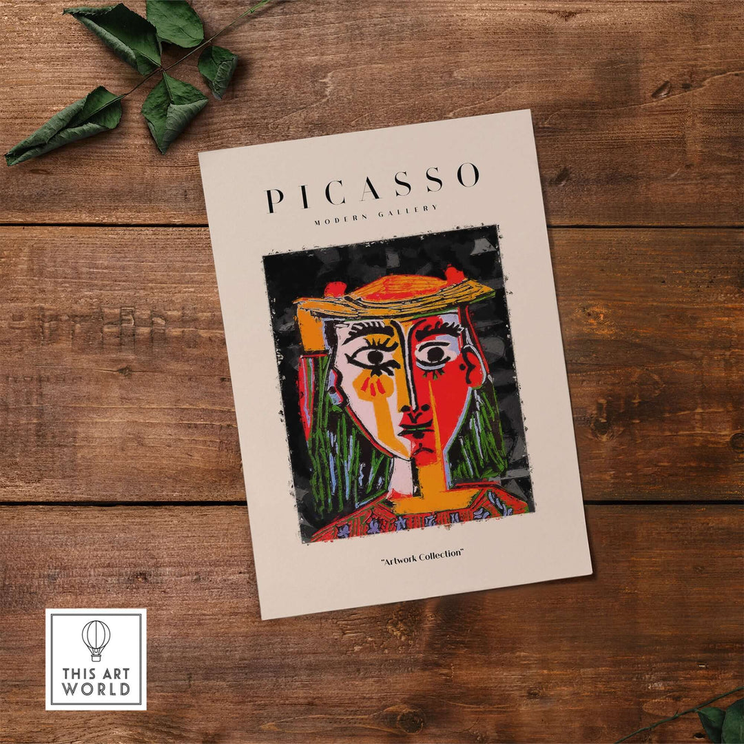 Colorful Picasso-inspired woman portrait poster featuring vibrant red, yellow, and green details on a dark background.