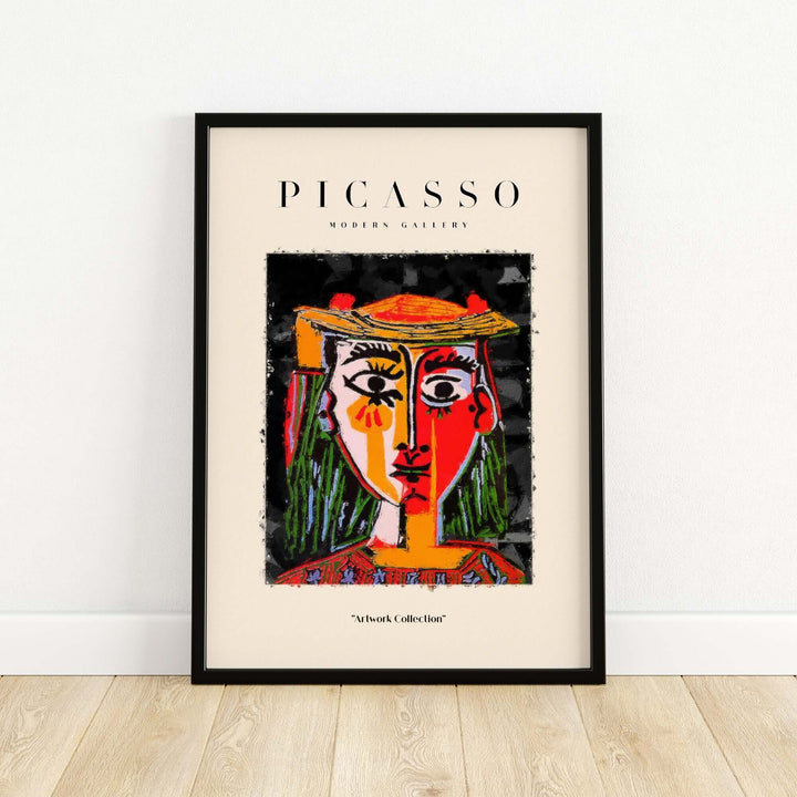 Colorful Picasso-inspired portrait poster featuring a woman in a hat with vibrant red and yellow sections.