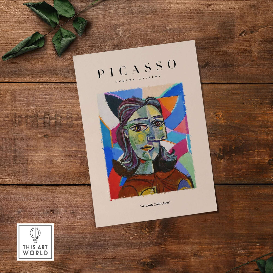 Colorful abstract poster inspired by Picasso, featuring a woman’s portrait in dynamic Cubist style.