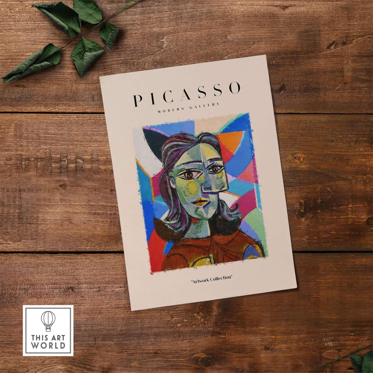 Picasso Woman Portrait Fragmented Abstract Poster Colorful Artwork Print Modern Gallery displayed on wooden surface.