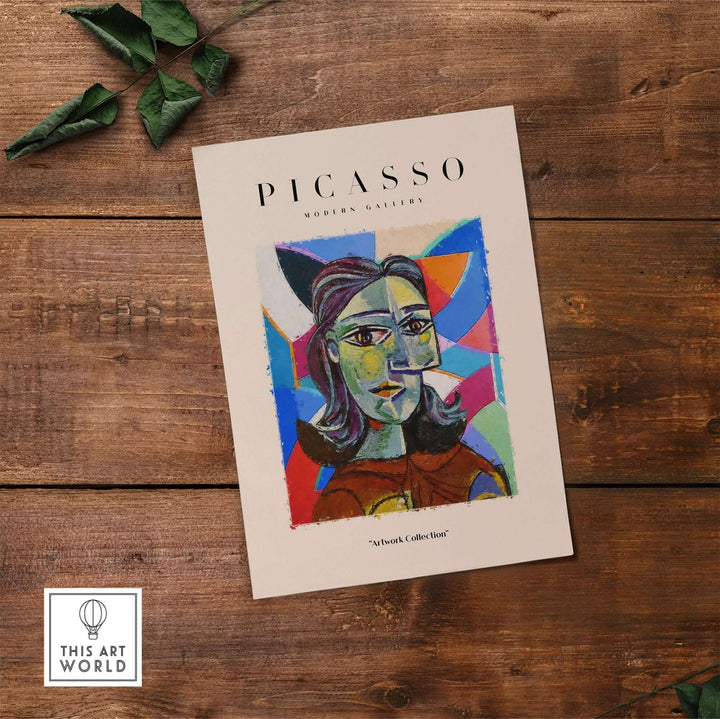 Colorful abstract poster inspired by Picasso, featuring a woman’s portrait in dynamic Cubist style.