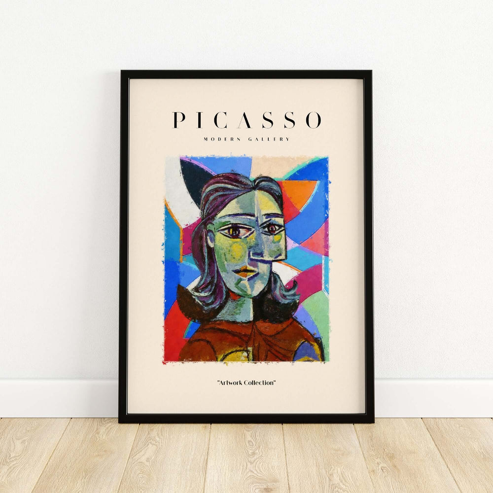 Picasso-inspired abstract portrait poster featuring vibrant colors in a cubist style, framed art for modern decor.