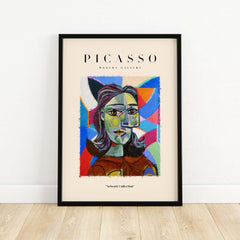 Picasso Woman Portrait Fragmented Abstract Poster Colorful Artwork Print Modern Gallery displayed in a stylish frame on a wall.