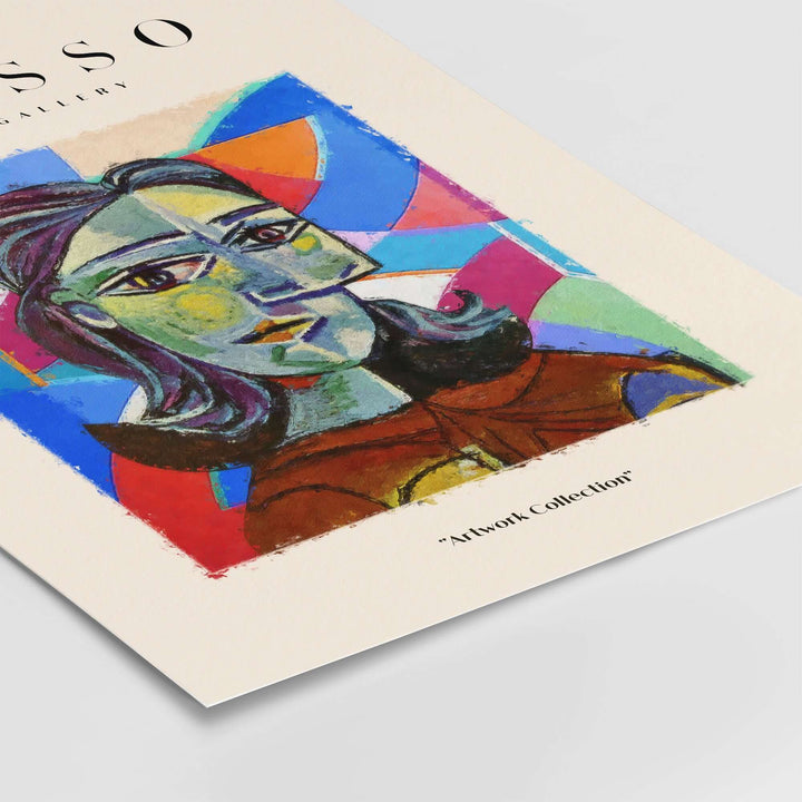 Colorful Picasso-inspired abstract woman portrait poster art, featuring vibrant fragmented design.