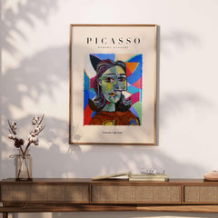 Picasso Woman Portrait Fragmented Abstract Poster Colorful Artwork Print Modern Gallery displayed on a wall.