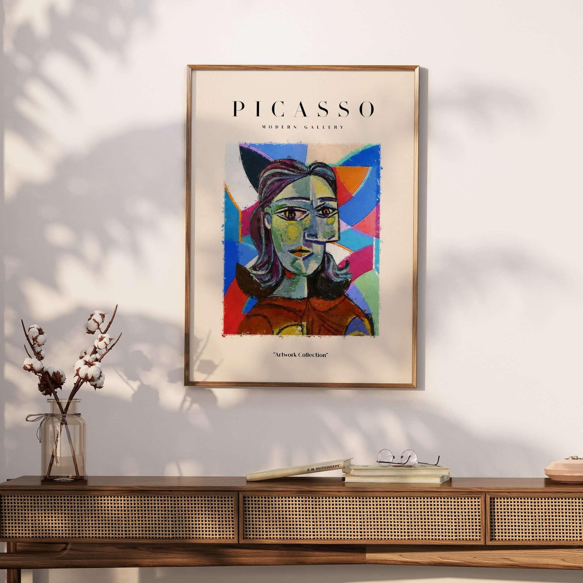 Picasso Woman Portrait Fragmented Abstract Poster Colorful Artwork Print Modern Gallery displayed on a wall.