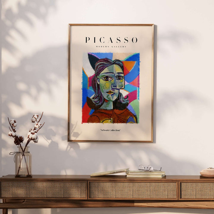Colorful abstract portrait of a woman in fragmented style, inspired by Picasso, modern art poster for gallery decor.