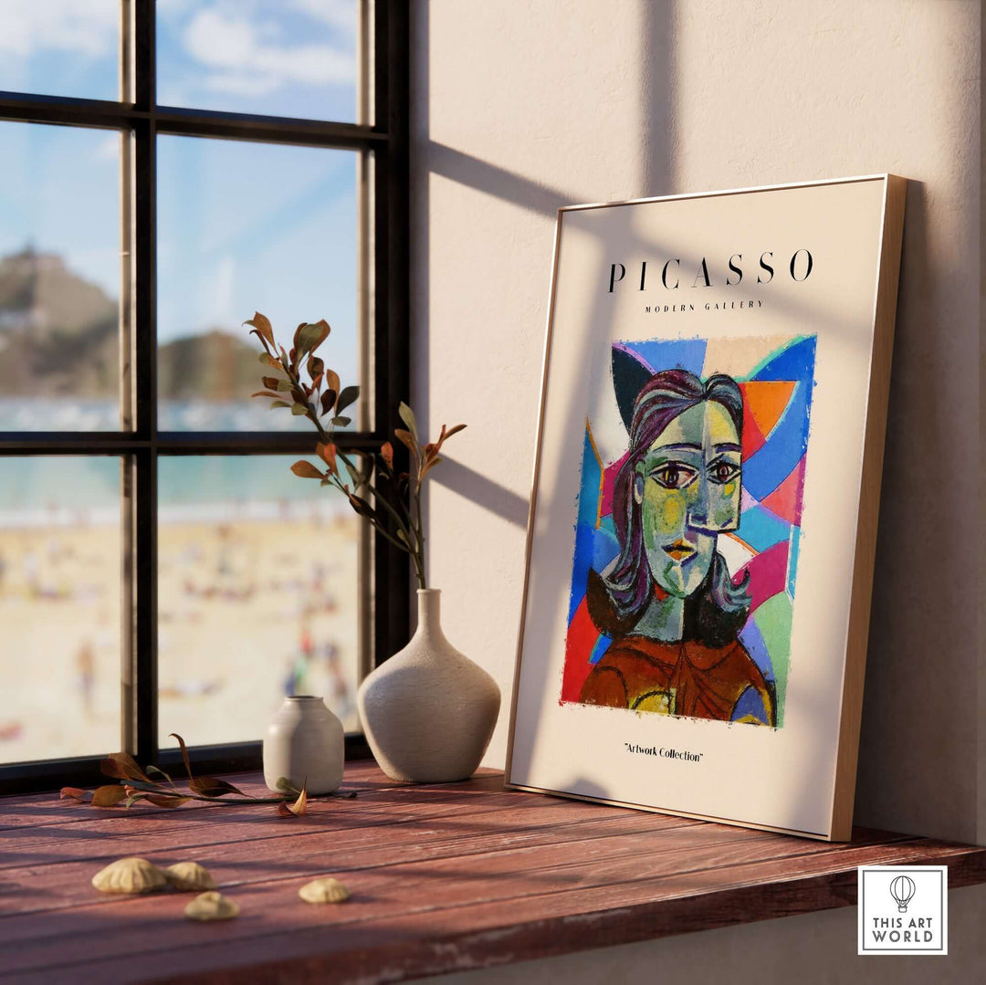 Colorful Picasso-inspired woman portrait abstract poster in modern gallery setting by a sunlit window.