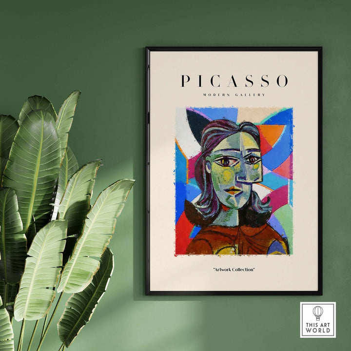 Colorful abstract poster of a fragmented woman's portrait inspired by Picasso, displayed in a modern gallery setting.
