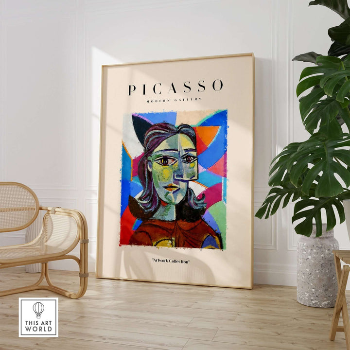 Colorful Picasso-inspired abstract portrait poster featuring a woman in vibrant hues, displayed in a modern gallery setting.