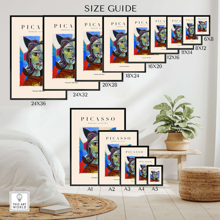 Size guide displaying various dimensions for Picasso woman portrait abstract art prints in a modern gallery setting.