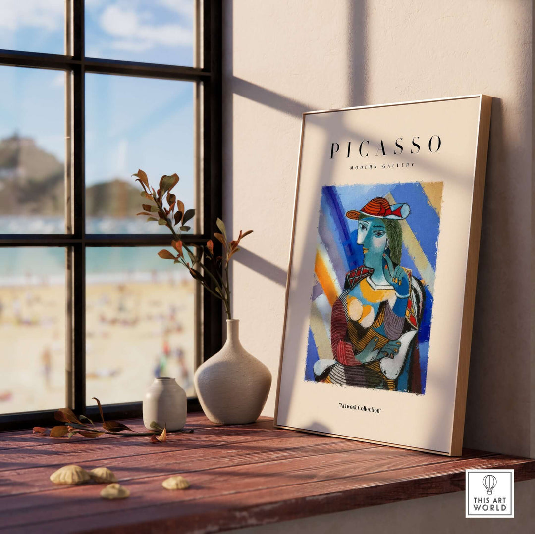 Colorful Picasso-inspired Cubist portrait print featuring a woman with a red hat and blue face, displayed in modern decor.