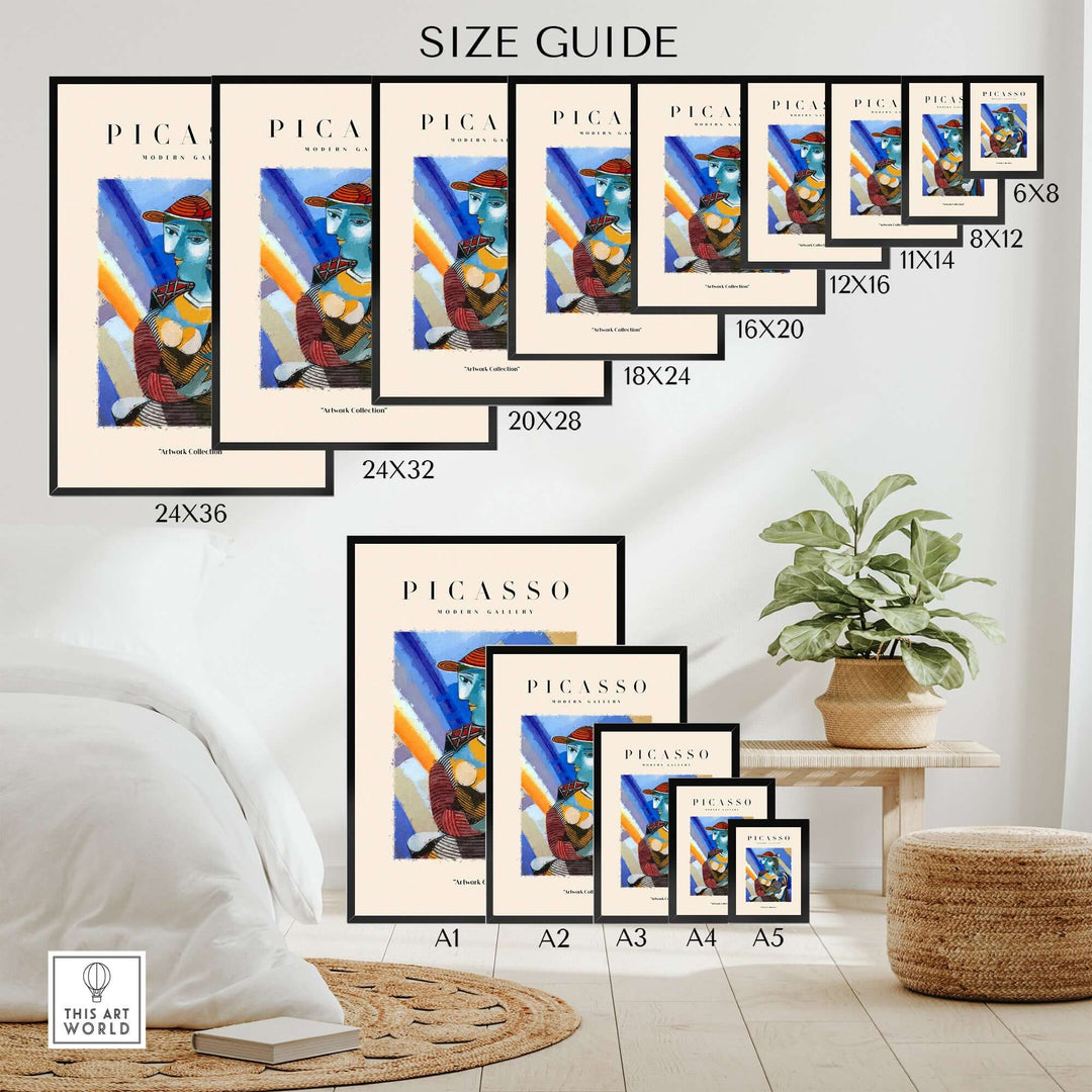 Size guide for colorful Picasso woman portrait prints in various dimensions for home decor.