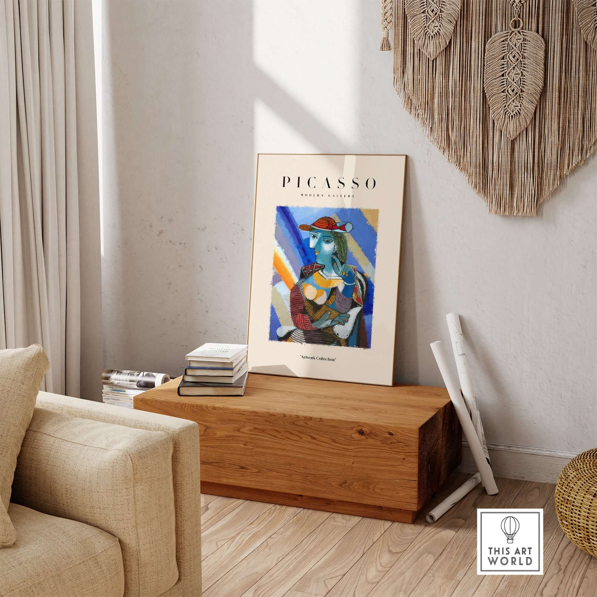Picasso Woman Red Hat Blue Face Portrait Print Colorful Cubist Poster Artwork Collection displayed in a modern interior.