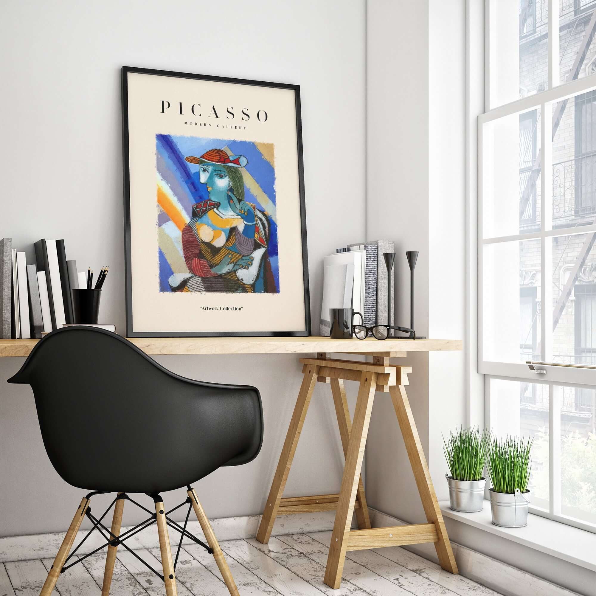 Picasso Woman Red Hat Blue Face Portrait Print Colorful Cubist Poster Artwork Collection displayed in modern workspace.