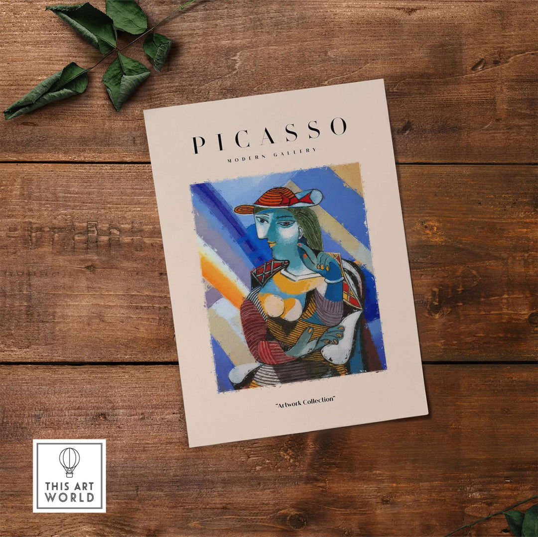 Cubist art print featuring a woman with a blue face and red hat, inspired by Picasso, vibrant modern wall decor.