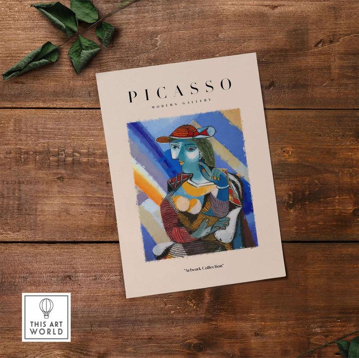 Cubist art print featuring a woman with a blue face and red hat, inspired by Picasso, vibrant modern wall decor.