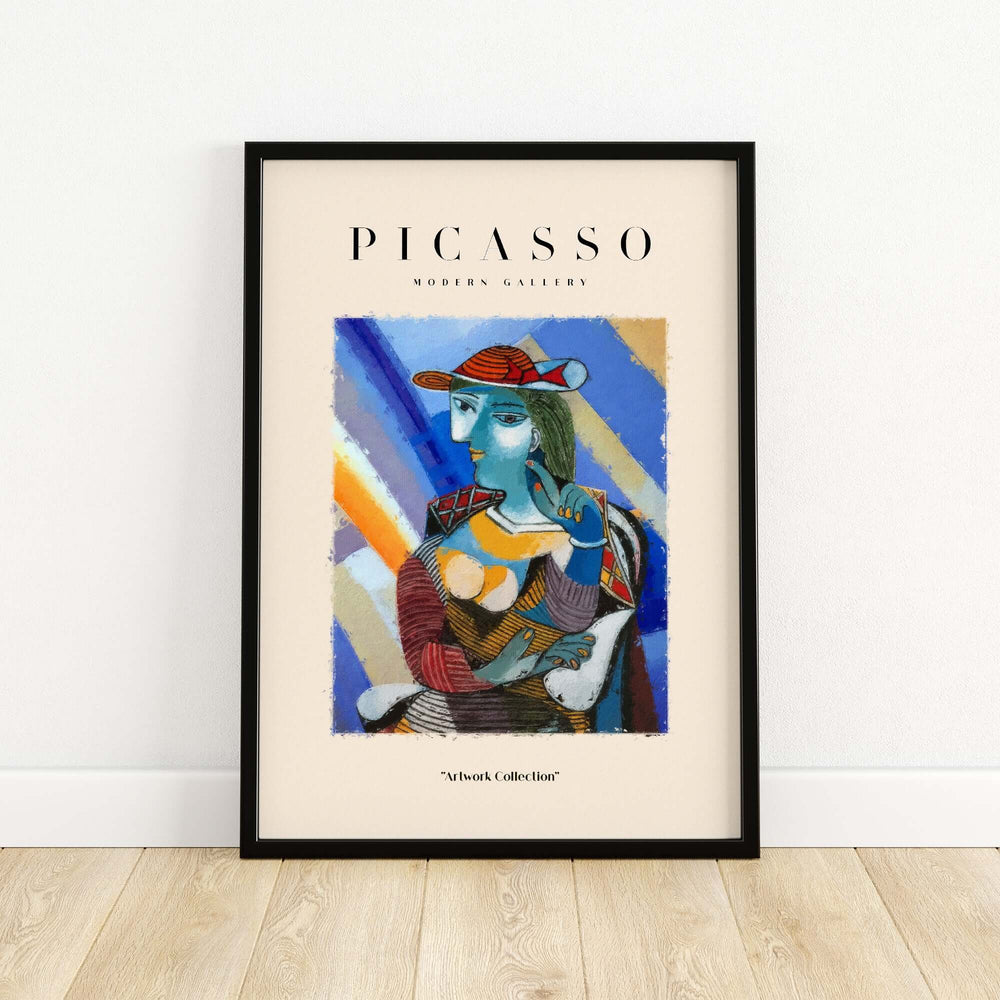 Colorful Cubist portrait print of a woman with a blue face and red hat in a black frame, from Modern Gallery.