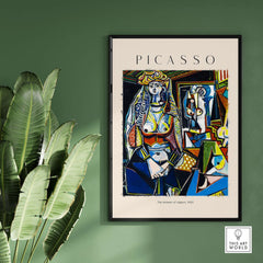 Picasso The Women of Algiers 1955 Art Print Famous Cubist Painting Poster Wall Art displayed on a green wall.