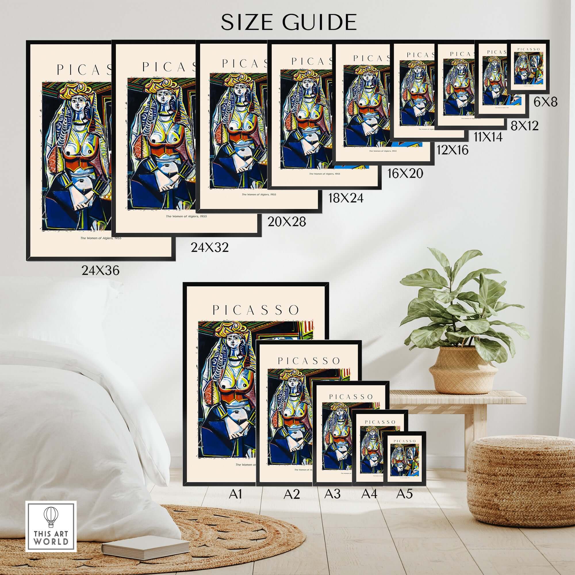 Size guide for Picasso The Women of Algiers 1955 Art Print Famous Cubist Painting Poster Wall Art in various dimensions.