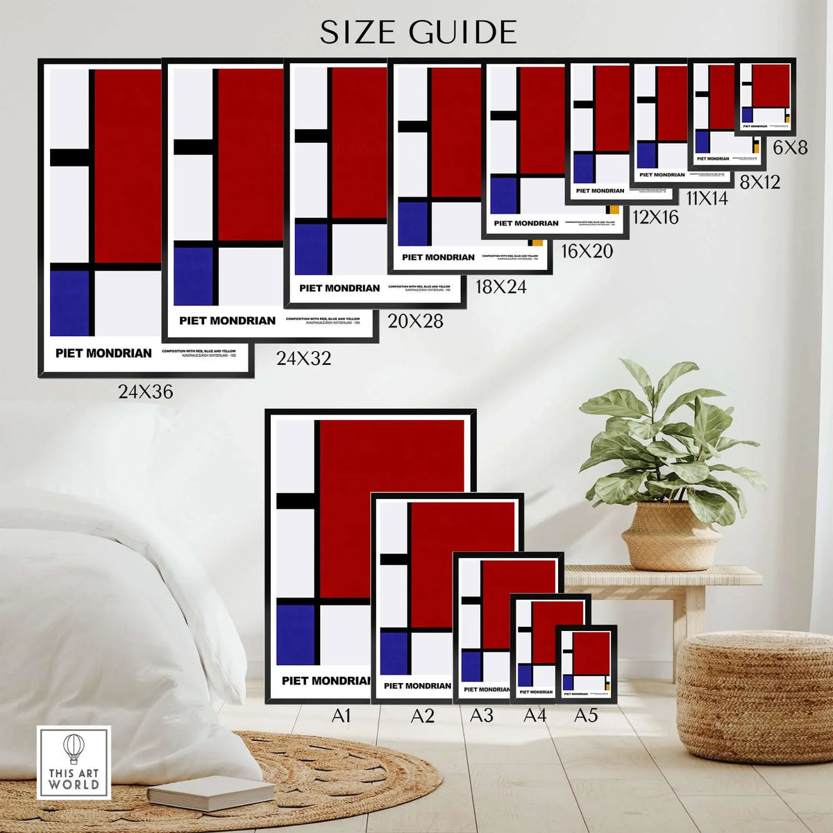 Piet Mondrian Composition Red Blue Yellow 1930 Abstract Art Print Poster Geometric size guide with various print dimensions.