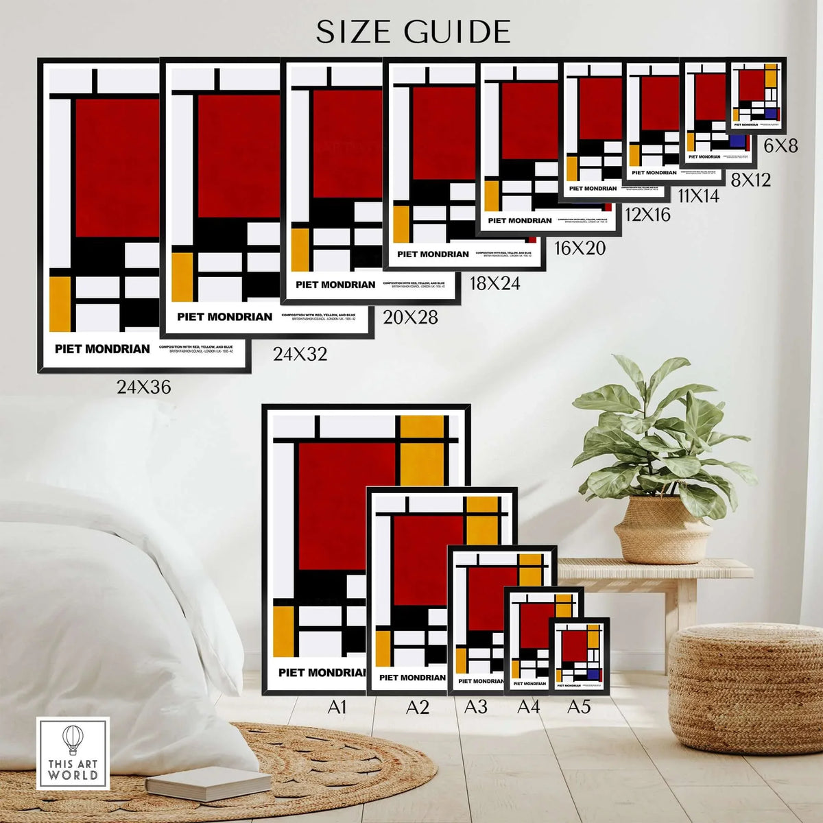 Piet Mondrian Composition Red Yellow Blue 1939 De Stijl Poster Geometric Abstract Print size guide on wall decor.