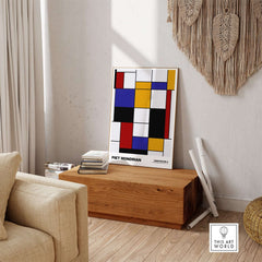 Piet Mondrian Composition A Geometric Abstract Art Print De Stijl Poster Wall Decor displayed in a modern interior setting.