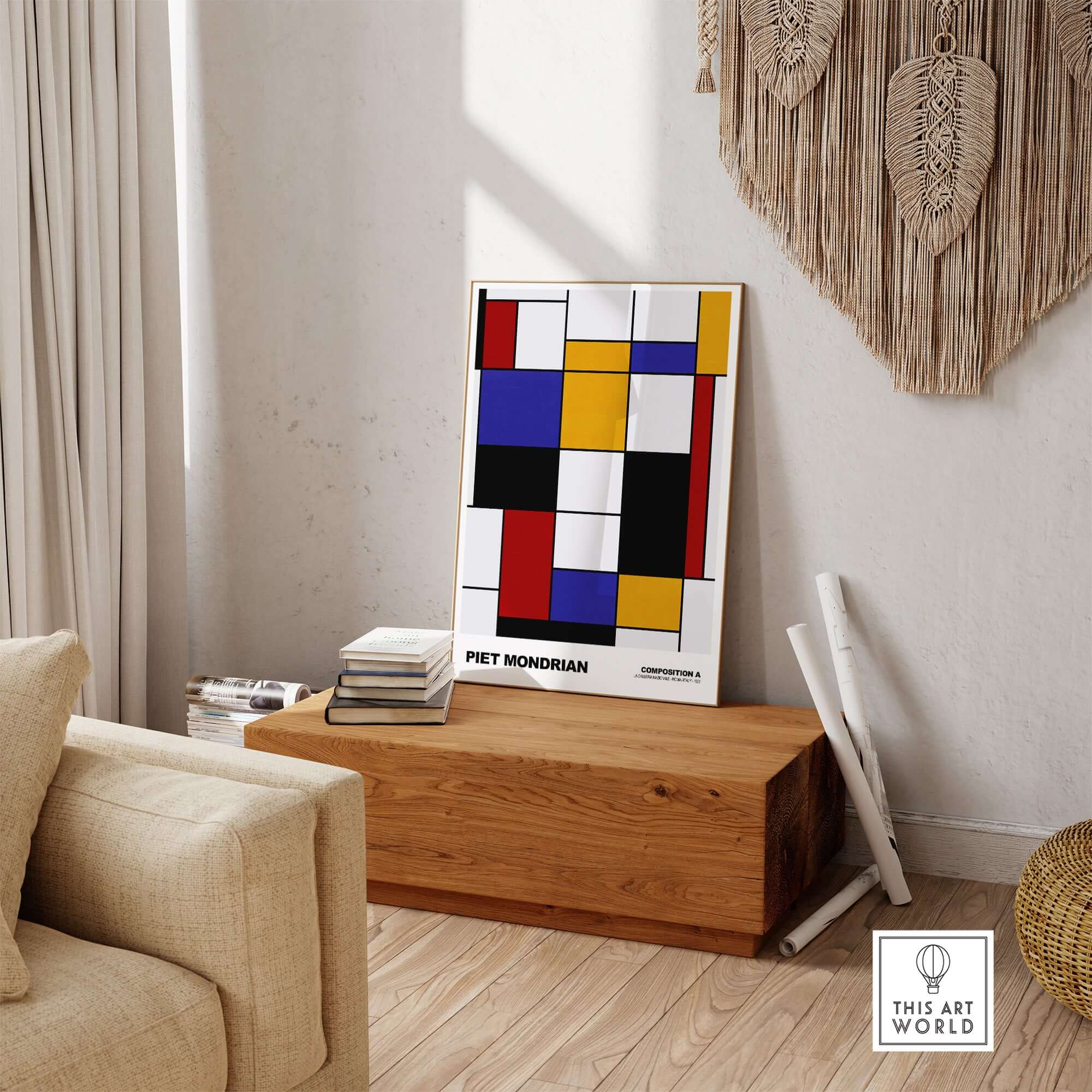 Piet Mondrian Composition A Geometric Abstract Art Print De Stijl Poster Wall Decor displayed in a modern interior setting.