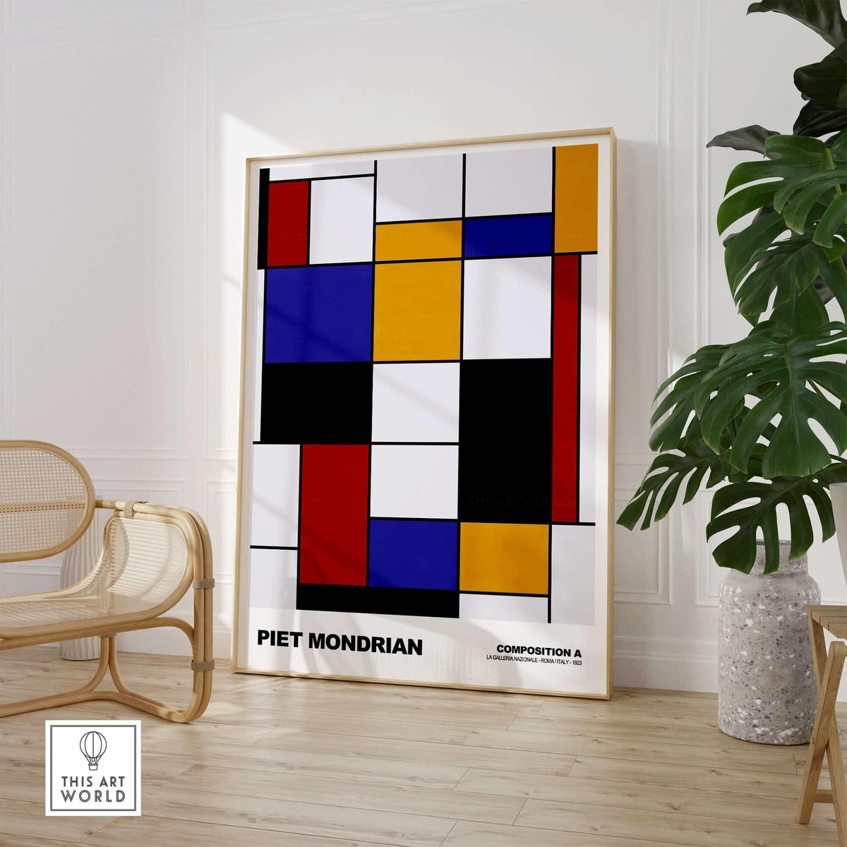 Piet Mondrian Composition A Geometric Abstract Art Print De Stijl Poster Wall Decor displayed in home interior.