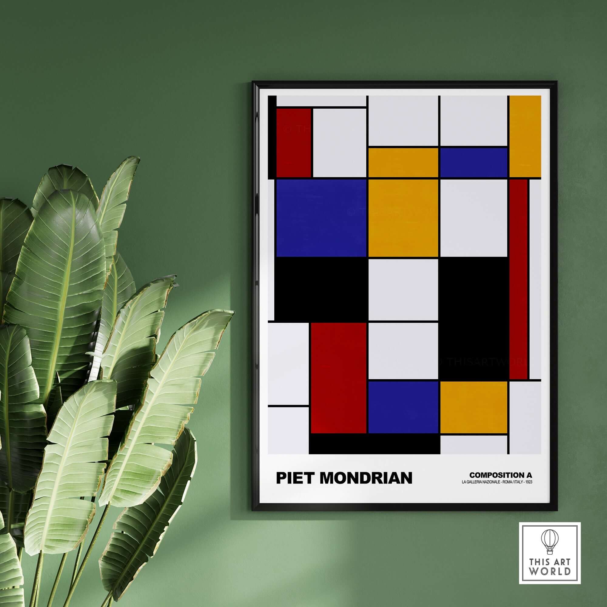 Piet Mondrian Composition A Geometric Abstract Art Print De Stijl Poster Wall Decor displayed on a green wall with plants.
