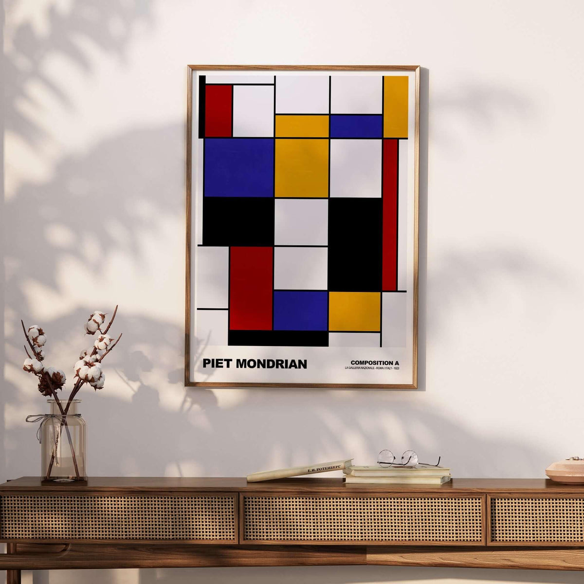 Piet Mondrian Composition A Geometric Abstract Art Print De Stijl Poster Wall Decor displayed on wall with wooden decor.