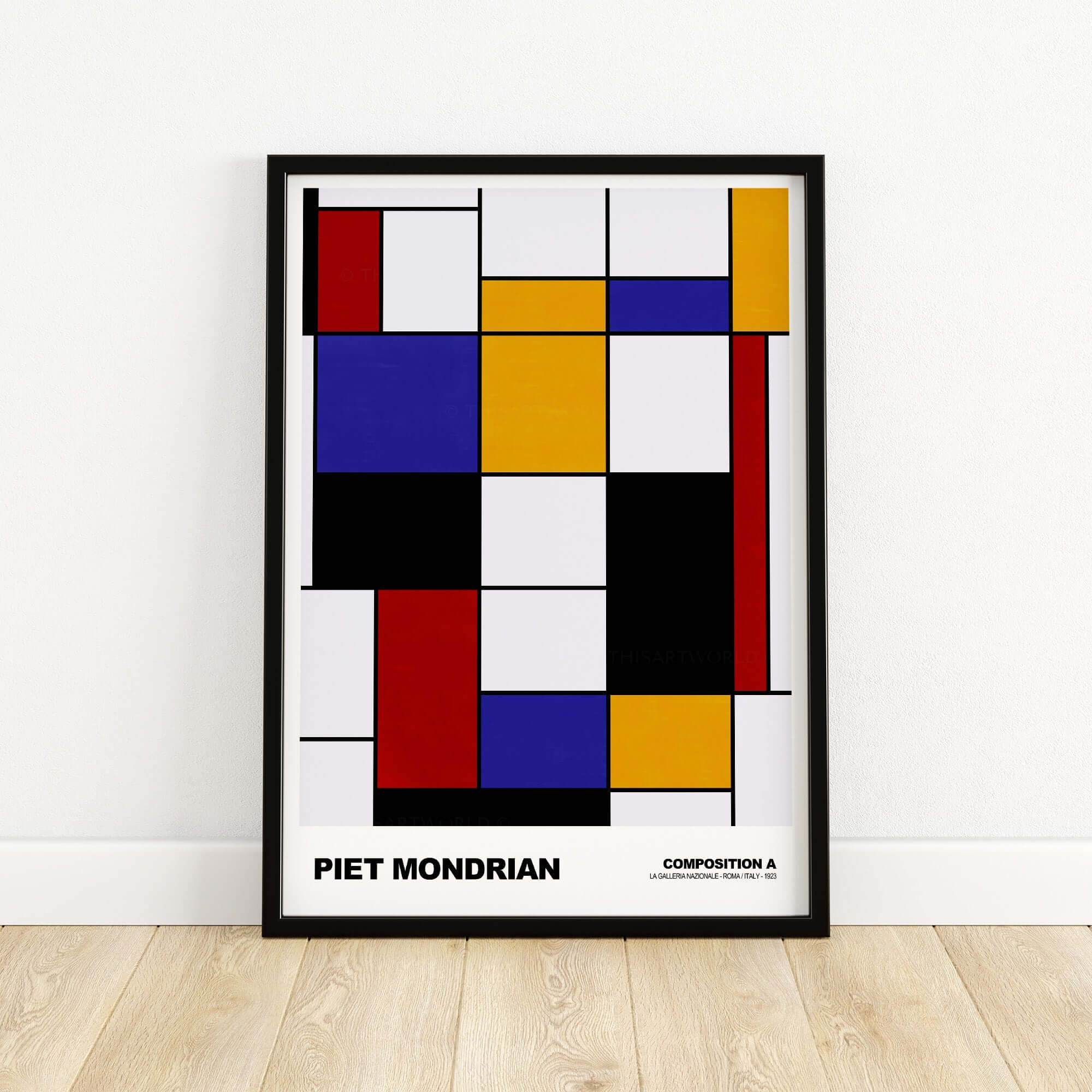 Piet Mondrian Composition A Geometric Abstract Art Print De Stijl Poster Wall Decor on a wooden floor.