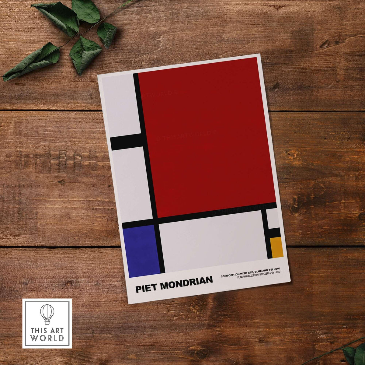 Piet Mondrian Composition Red Blue Yellow 1930 Abstract Art Print Poster Geometric on wooden surface.