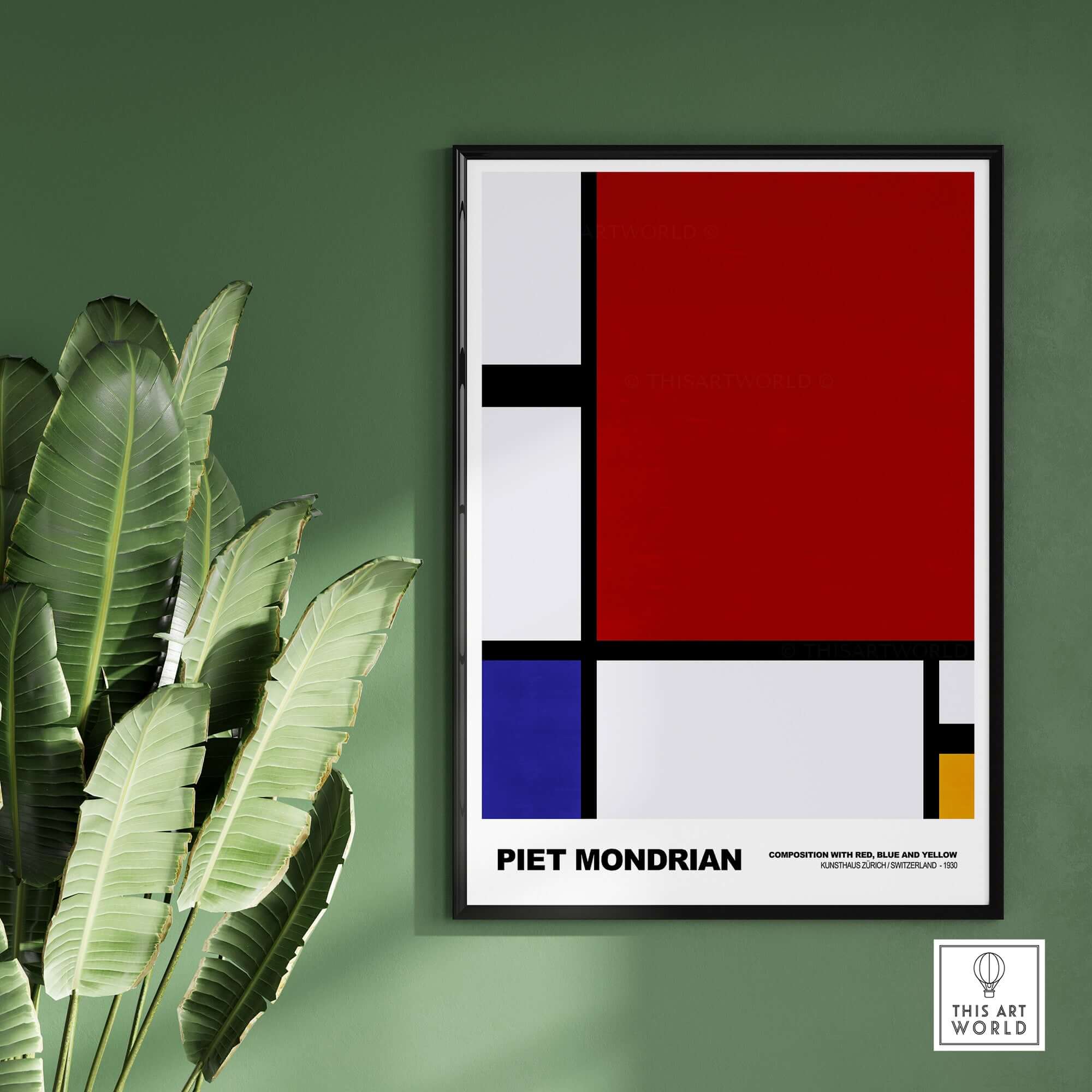 Piet Mondrian Composition Red Blue Yellow 1930 Abstract Art Print Poster Geometric framed on a green wall