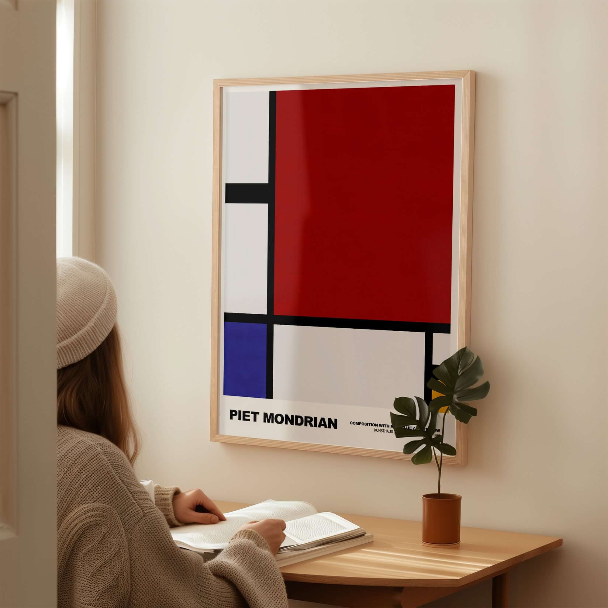 Piet Mondrian Composition Red Blue Yellow 1930 Abstract Art Print Poster Geometric displayed in a cozy setting.