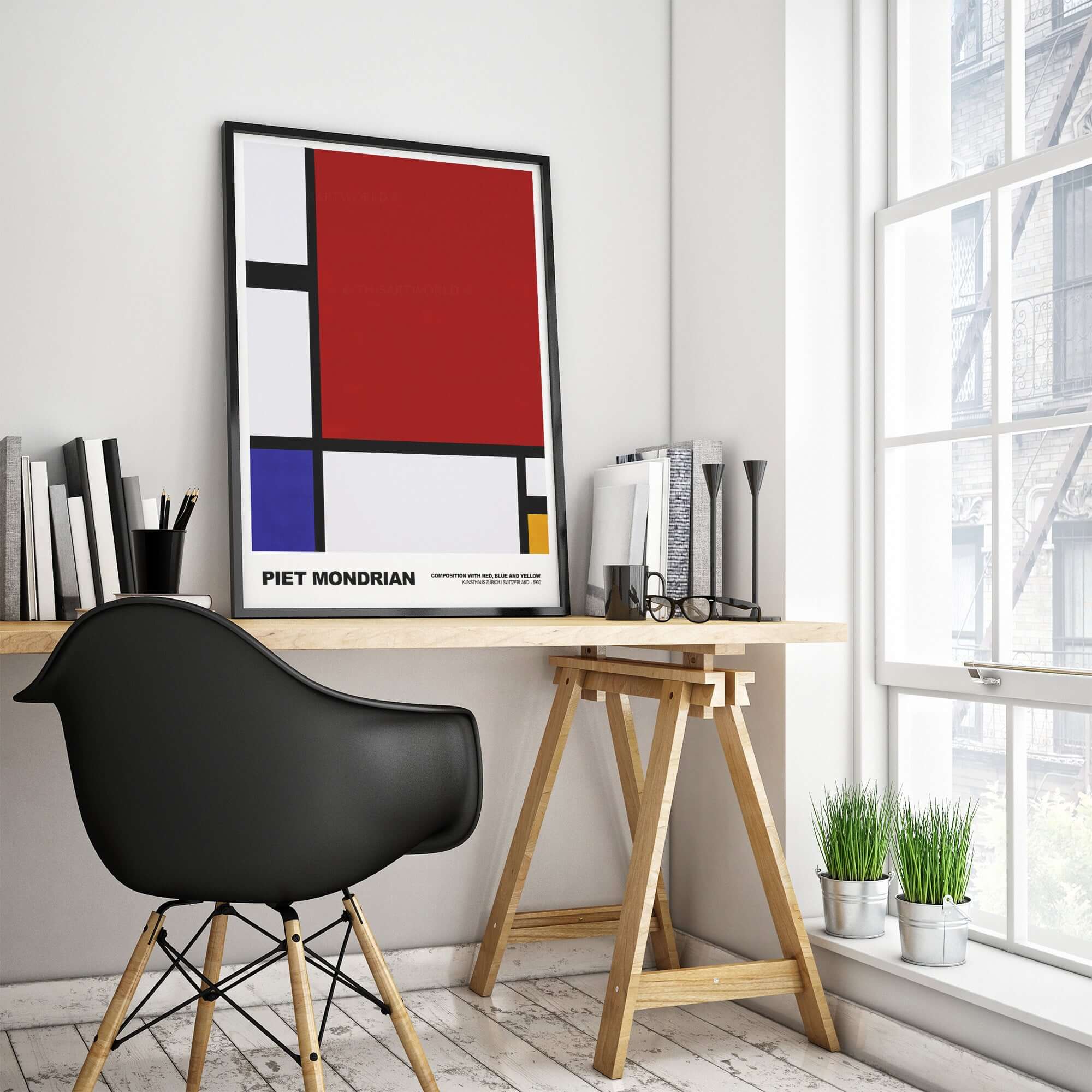 Piet Mondrian Composition Red Blue Yellow 1930 Abstract Art Print Poster Geometric displayed in a modern workspace.
