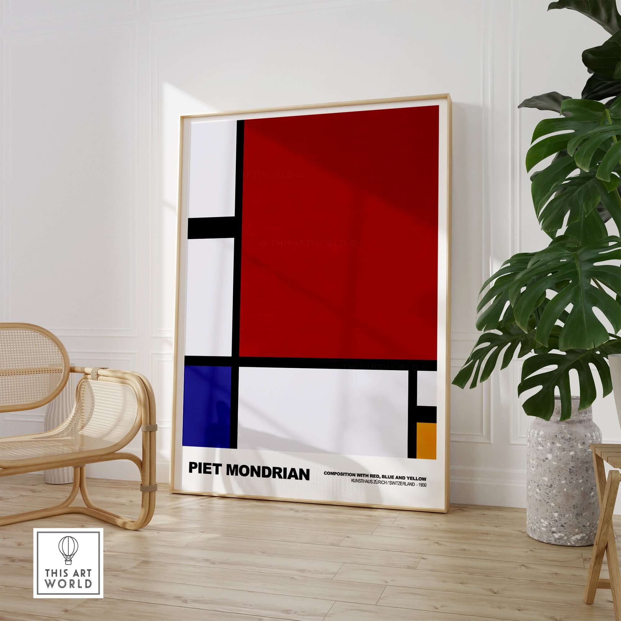 Piet Mondrian Composition Red Blue Yellow 1930 Abstract Art Print Poster Geometric in a stylish interior setting.